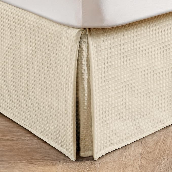 MIYE Pleated Waffle Weave Bed Skirt, Tailored Dust Ruffle 12 Inch Drop Easy Fit, Machine Washable,No Split Corners (Light Beige, Twin - 12" Drop)