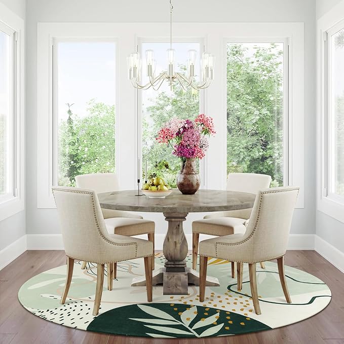 Lahome Green Washable Round Rug - 6Ft Round Area Rug for Living Room Throw Soft Boho Round Rug Large Non-Slip Round Dining Room Rug, Botanical Print Round Carpet for Bedroom Entryway Classroom Dorm