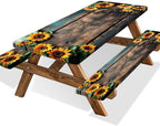 Picnic Table Cover with Bench Covers Wood Sunflower Flowers Wooden Floral Waterproof Windproof Fitted Outdoor Tablecloth with Elastic Rectangle Table Cloth Camping Accessories,60x30 Inch
