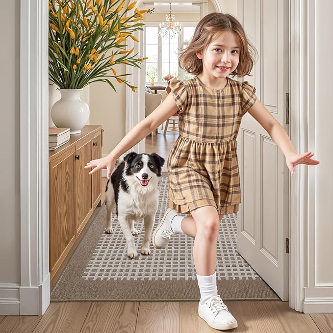LUMI Inside Door Mat for Entry 24''x36'', Absorbent, Dirt Trapper, Low Profile Thin, Non Slip Mats with Rubber Backing, Ideal for Indoor, High Traffic, Garage, Entrance, Checkered Beige