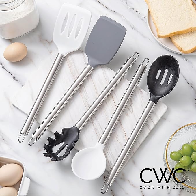COOK WITH COLOR Silicone Cooking Utensils, Kitchen Utensil Set, Easy to Clean Silicone Kitchen Utensils, Cooking Utensils for Nonstick Cookware, Kitchen Gadgets Set, 5 Pieces, Black/White