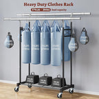 FAVOOSTY Clothes Rack for Hanging Clothes Double Rods, Rolling & Extending Clothing Rack with Wheels, Garment Coat Rack Freestanding, Portable Clothes Rack, Black