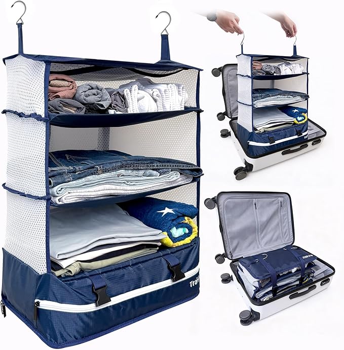 Grand Fusion Stow-N-Go Packing Organizer for Luggage, Portable Hanging Travel Shelves, Carry-On Closet, Hanging Packing Cubes, Collapsible Carry-On Organizer for Cruises & Hotels. Blue - XL