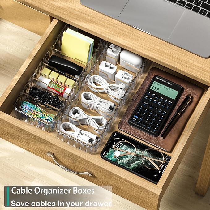 Cable Storage Boxes Organizers 2 Pack,Cord Charger Storage Organizer Box Case with 20pcs Cable Ties,Stackable,Clear