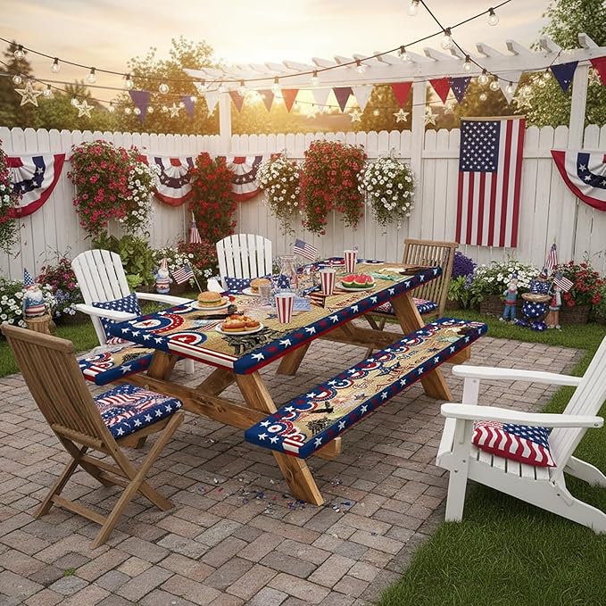 JAWO Patriotic 4th of July Picnic Table Cover with Bench Covers, Waterproof American Flag Eagle Tablecloth with Elastic Edge, Lightweight Camping Essentials for Rectangle Tables with Carrying Bag,60in