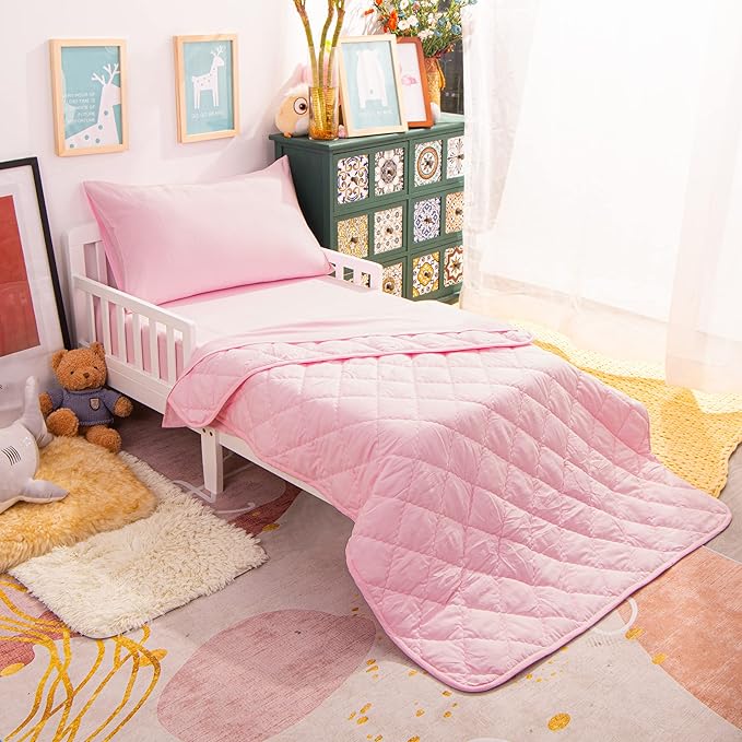 NTBAY Toddler Bedding Set - 4 Piece Soft and Breathable Crib Bedding Set for Boys and Girls, Includes Quilted Comforter, Fitted Sheet, Flat Top Sheet and Envelope Pillowcase, Pink