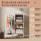 HIGDBFE Dresser with Hanging Rack, 4 Drawers Small Closet for Bedroom, Reversible Fabric Kids Chest of Drawers with Clothes Rack, Tall Storage Tower, Sturdy Frame, Pink, 44''H