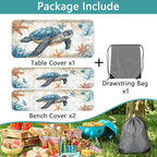Picnic Table Cover with Bench Covers 6FT, Camping Essentials, Nautical Sea Turtle Ocean Windproof Waterproof Picnic Table Cloth, Fitted Tablecloth with Elastic Edge for Indoor Outdoor 3PCS 30x60 Inch