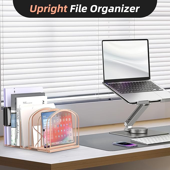 SUPEASY File Organizer for Desk, 5-Section Mesh Desk Organizer, Vertical File Holder Desktop Organizer File Sorter, File Folder Holder for Office Supplies, Rose Gold