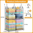 Hanging Closet Organizer with DIY Spacing, Double-Row Closet Hanging Shelves with 4 Adjustable Dividers & 6 Hooks, Heavy Duty Metal Closet Storage Organizer with Front Guard, Split into 2 Units