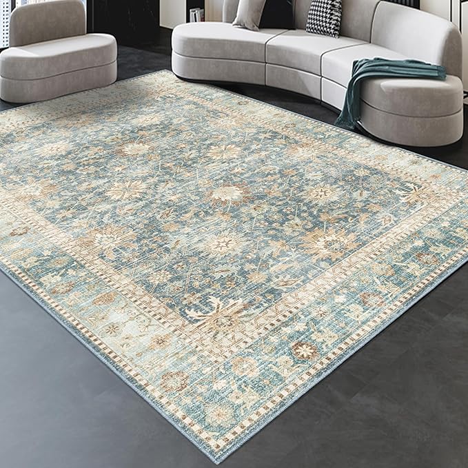 8x10 Vintage Living Room Area Rug - Large Soft Washable Indoor Floor Oriental Farmhouse Rugs for Bedroom, Home Office House Decor, Ocean Terracotta