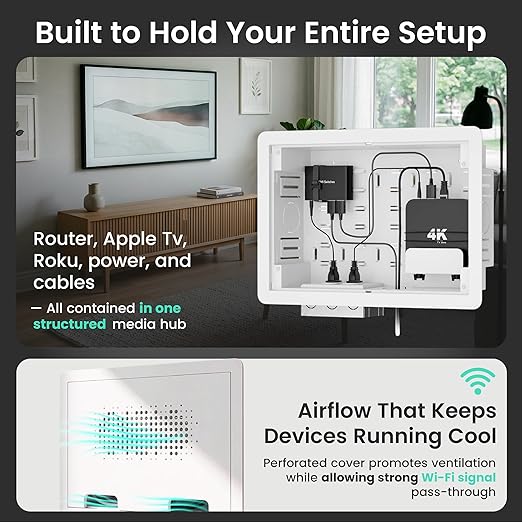 ynVISION.DESIGN 9" Recessed in-Wall Media Box for TV – Flush Wall AV Enclosure with Adjustable Shelf, Cable Straps & Vented Cover – Compatible with Apple TV, Roku & More - Pack of 2