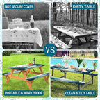Picnic Table Cover with Bench Covers, Mountains Green Lake Tree Camping Essentials Tablecloth Fitted Rectangle Tables and Seats, Misty Landscape with Elastic Windproof Edges Picnic Table Cloth Cover