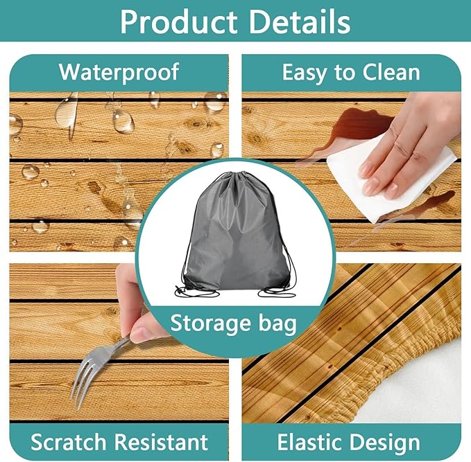 Rustic Brown Wooden Board Picnic Table Cover with Bench Covers, Farmhouse Rural Country Wood Waterproof Tablecloth for Patio Camping Indoor Outdoor Party Decorations with Drawstring Bag, 30X60in, 3PCS