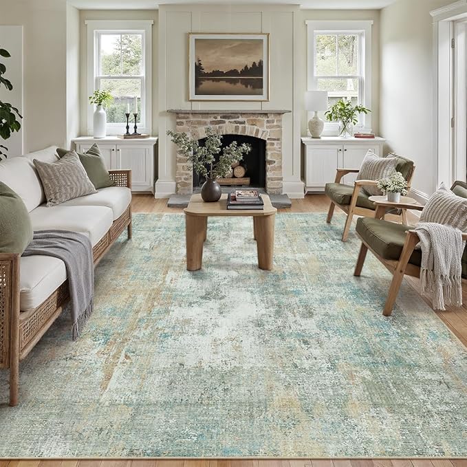 9x12 Area Rug Teal Beige Abstract Living Room Bedroom Washable Carpet Neutral Modern Non-Slip Soft Low Pile Lightweight Vacuumable Large Throw Rug for Dining Room