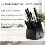 Teak Wood Knife Block Organizer, 14-Slot Kitchen Counter Storage Holder, Universal Design