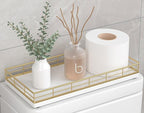 Toilet Paper Basket Organizer – Oak Wood Toilet Tank Tray with Metal Frame, Bathroom Counter Top Storage for Toilet Paper, Wipes & Decor, Modern Narrow Back of Tank Shelf Organizer, Gold & White