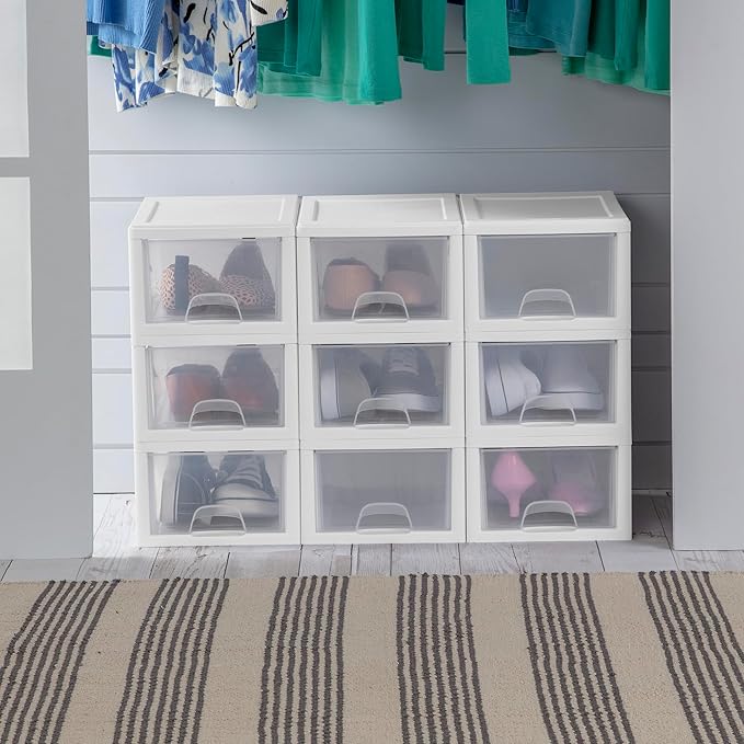 Sterilite 12-Pack 6 Quart Stacking Drawer, Clear Storage Closet Organizer, White Frame - Stackable Modular Plastic Drawers for Clothes, Accessories, Craft Supplies, Shoes or Linens