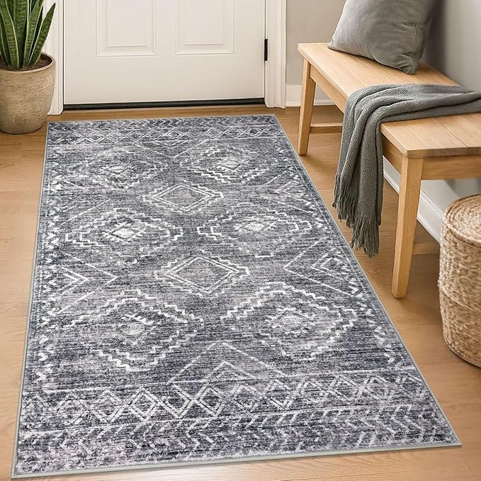 KILOCOCO Boho Entryway Rug 3x5 Area Rug Washable Non Slip Throw Rugs Soft for Kitchen Living Room Dining Bedroom Geometric Moroccan Carpet, Grey