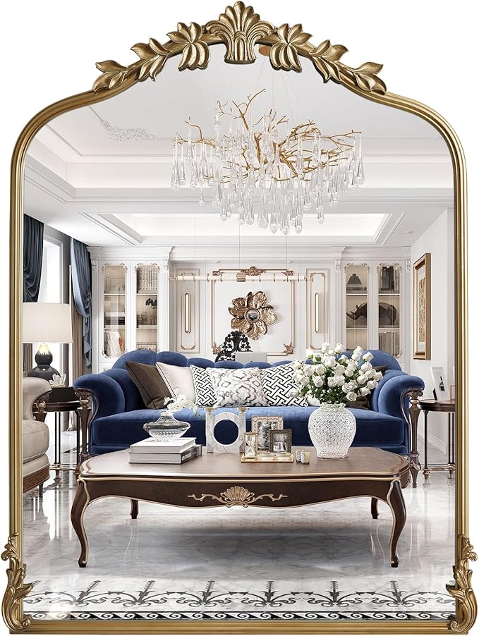 WallBeyond Gold Antique Mirror for Vanity 24x32 Inch, Gold Vintage Mirror with Ornate Frame, Arched Vintage Wall for Bathroom, Living Room, Fireplace