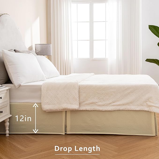 MIYE Pleated Waffle Weave Bed Skirt, Tailored Dust Ruffle 12 Inch Drop Easy Fit, Machine Washable,No Split Corners (Light Beige, Twin - 12" Drop)