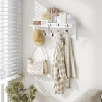 AMBIRD Wall Hooks with Shelf, 26.57 Inch Entryway Wood Coat Hooks for Wall, Coat Rack Wall Mount with 5 Dual Hooks 3 Key Hooks Mail Organizer and Key Rack Holder (White)