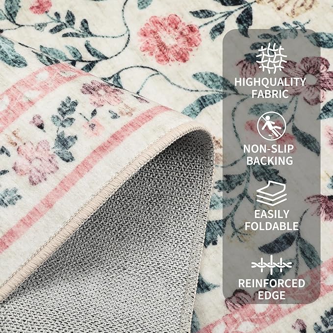 8x10 Washable Floral Distressed Rug, Vintage Farmhouse Area Rug for Living Room, Non-Slip Low Pile Soft Carpet for Nursery Bedroom Dining Room Home Office, Pink
