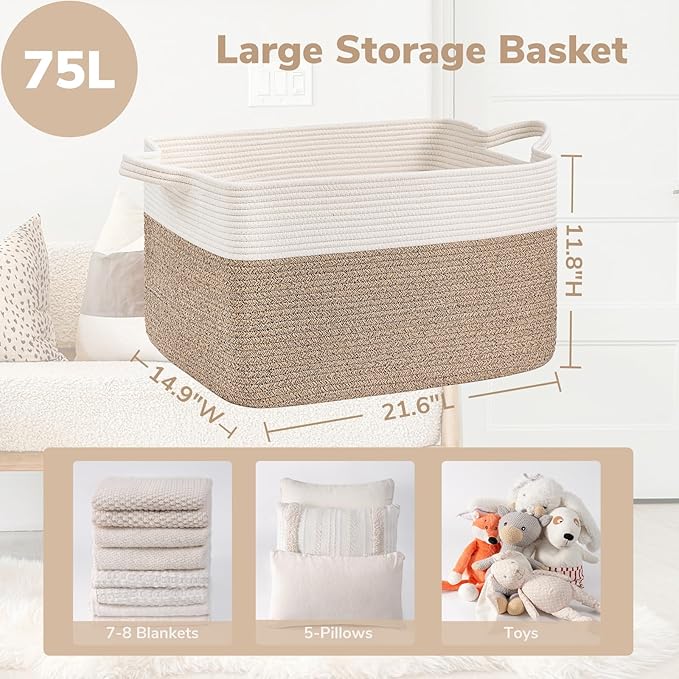 Goodpick Large Woven Blanket Basket, 21.6" x 14.9" x 11.8" Storage Baskets for Organizing, Rectangle Cotton Rope Toy Basket for Living Room, Bedroom, White & Brown