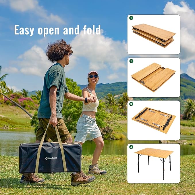 KingCamp Bamboo Folding Table, 4-Fold Camping Adjustable Height Portable Outdoor Lightweight & Compact Table with Aluminum Frame for RV Picnic BBQ Tailgating