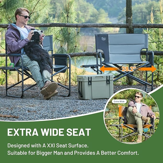 TIMBER RIDGE XXL Foldable Directors Chair with Side Table, Extra Wide Camping Chairs for Adults Heavy Duty Supports 500 lbs, Oversized Folding Lawn Chair for Picnic Beach Sports Fishing, Grey-2 Pack