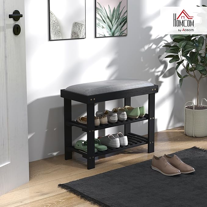 HOMCOM Bamboo Shoe Bench, 3-Tier Entryway Bench with Storage and Cushion, Shoe Organizer for Entryway, Hallway, Holds Up to 331 lbs, 23.6 x 11.4 x 19.3 Inches, Black