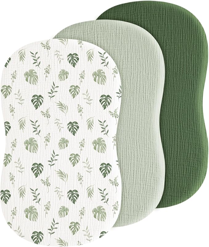 Baby Muslin Bassinet Sheets 3 Pack for Boys & Girls, Soft Breathable Cotton Bassinet Mattress Cover, Universal Fit for Hourglass, Oval, and Rectangle Mattress (Leaf Green)