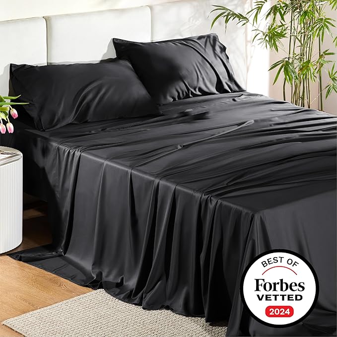 Bedsure California King Sheet Sets, Cooling Sheets for Hot Sleepers, Rayon Derived from Bamboo, Breathable & Soft, Deep Pocket Up to 16 Inches, Hotel Luxury Silky Bedding, Black