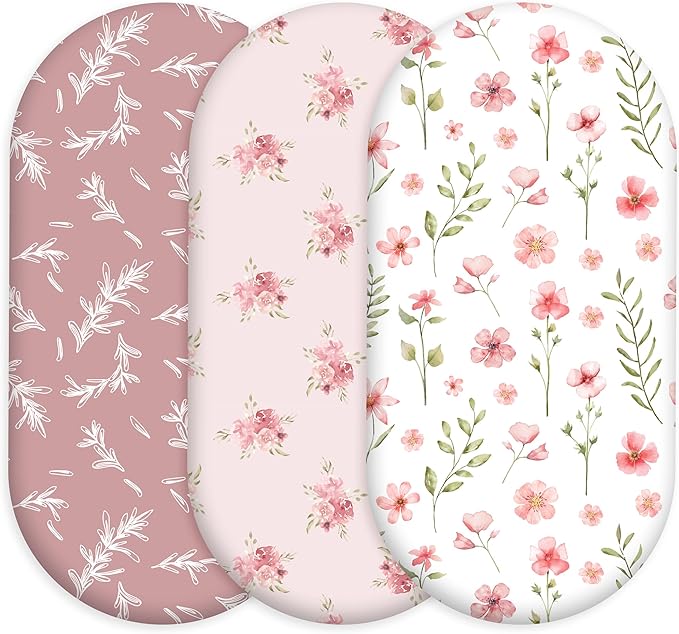 Floral Bassinet Sheets Girl 3 Pack, Breathable Cozy Fitted Mattress Sheet, Elastic Travel Bassinet Fashionable, Standard Cradle Safe Sheets for Baby Boy Girls 32" x 16"