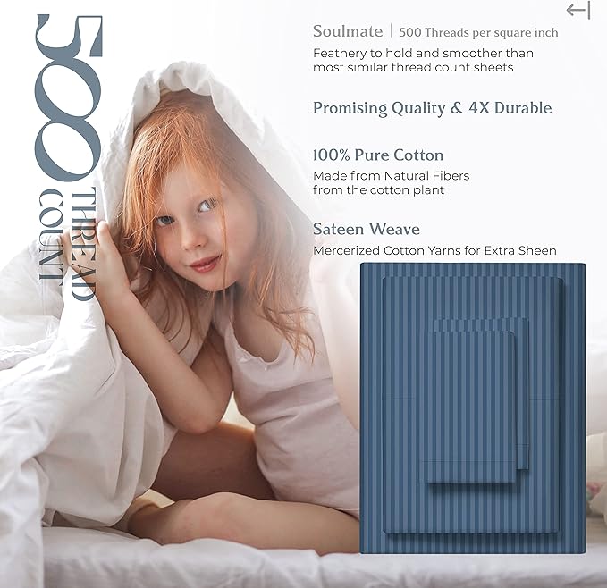 Mayfair Linen 100% Cotton Striped Sheets Split King Size Bed Set - 500 Thread Count Damask Split King Sheets for Adjustable Bed, 5 PC Set (Light Blue Stripe), Cooling, Sateen 16" Deep Pocket Bedsheet