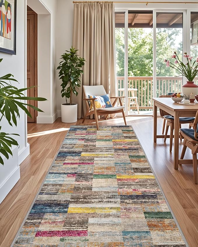 LUMI Washable Runner Rug, 3'x7' Non-Slip Hallway Mat, Low Profile Thin Long Carpeet for Laundry Kitchen Bedroom Office, Multicolor