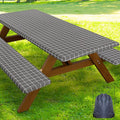 Smiry Picnic Table Cover with Bench Covers, Waterproof Elastic Fitted Tablecloth for 8 Foot Tables, Washable Polyester Tablecloths for Camping, Indoor & Outdoor (Grey & White, 30x96 Inch 3-pc Set)