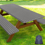 Smiry Picnic Table Cover with Bench Covers, Waterproof Elastic Fitted Tablecloth for 8 Foot Tables, Washable Polyester Tablecloths for Camping, Indoor & Outdoor (Grey & White, 30x96 Inch 3-pc Set)