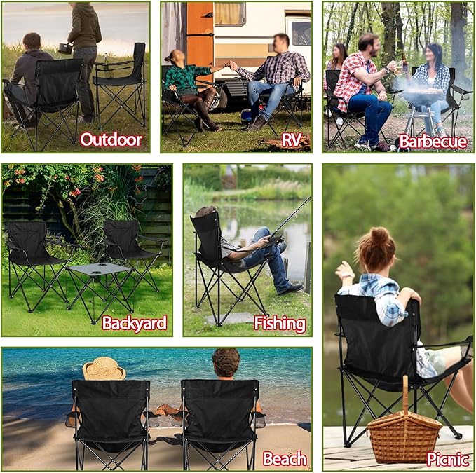 HaSteeL Folding Camping Chair Set of 3, Foldable Black Camp Chairs & Grey Table, Large Lawn Chair Portable for Adults Hiking, Fishing, Picnic, Outdoor BBQ, Travel, Sports, Cup Holders & Storage Bags
