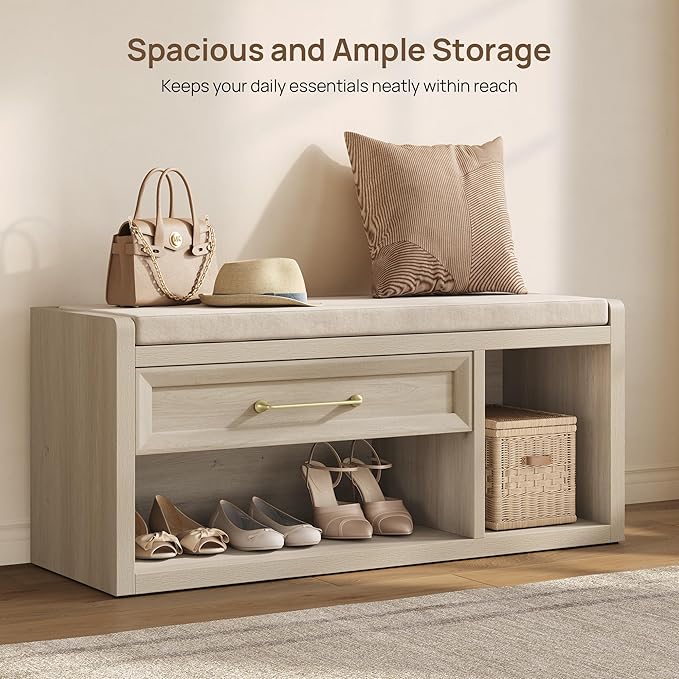 SICOTAS Shoe Benches with Storage Set of 2, Farmhouse 86.6" Extra Wide Entryway Benches with Cushion, Drawer & Tall Boot Shelf, 18.9" Comfort Height Seat for Hallway Bedroom Mudroom, Grey White Oak