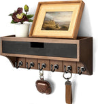 Rebee Vision Pine Wood Key Holder Wall Mount with Drawer Organizer – Decorative Mail Organizer with 6 Key hooks and Wall Shelf - Modern Room Decor for Entryway or Living Room (Brown & Black)