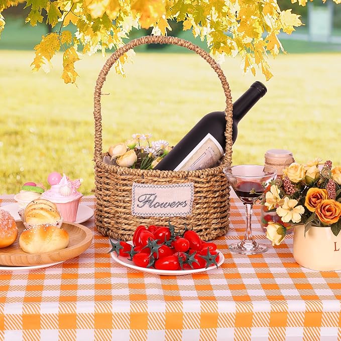 NatNarr 12 Pack Orange Gingham Tablecloth, 54 X 108Inch Plastic Orange Checkered Table Cloth Disposable Scalloped Tablecloths Waterproof Plaid Table Cover for Picnic Wedding Birthday Outdoors Party