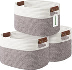 ECDYQXVU Cotton Rope Basket, Storage Baskets with Handle, 15x10x9 Inch Woven Basket for Shelves, Laundry, Towels, Clothes, Books (White Brown 3 Pack)