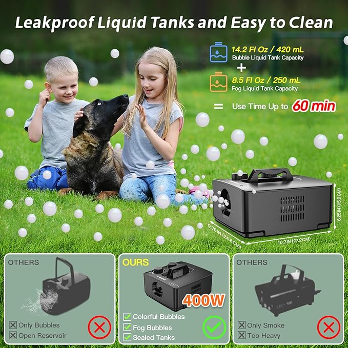 Wisdomlit Fog Bubble Machine, 2-in-1 Smoke Bubble Blower, 400W No-Spill Smoke Bubble Maker, 8000+ Colorful Bubbles | Fog Bubbles for Indoor Outdoor Birthday Halloween Party