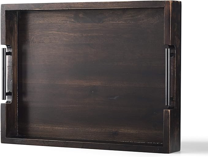 Ottoman Tray, Acacia Wood Serving Tray with Metal Handles, 16.5x12.5in Food Drinks Tray for Coffee Table, Breakfast, Dinner & Bar, Rustic Decorative Storage Tray for Ottoman, Kitchen, Packaging