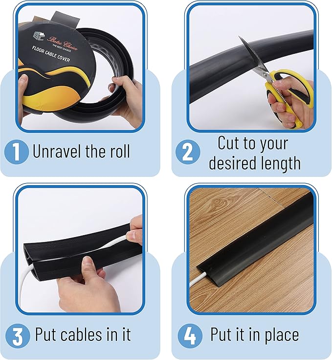 Bates- Floor Cord Cover, 6ft, Cable Cavity 0.6" (W) x 0.31" (H), Heavy Duty Wire Protector, PVC Extension Cords Hider, Protect Cords, Prevent Cable Trips, Cord Hider for Office, Home, Outdoor