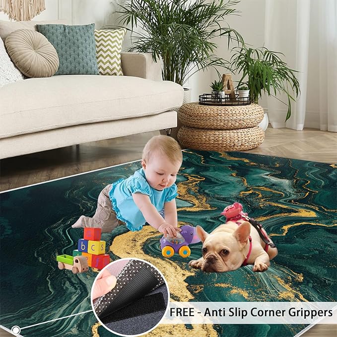 4x5 Abstract Marble Indoor Outdoor Rug - Emerald-Green-Marble Bedside Rug, Luxury Stone Pattern Washable Entry Way Rugs Kids Carpet for Inside House Playroom Living Room End Table Nursery