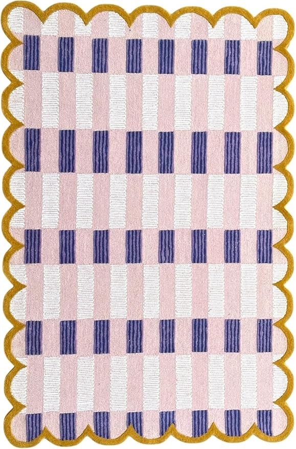 Hand-Tufted Wool Rug with Scalloped Edges, Light Blue Plaid Pattern, Cozy Soft Area Rug for Living Room, Bedroom, and Nursery, Handmade Modern Accent Rug (Pink, 9X14 FEET)