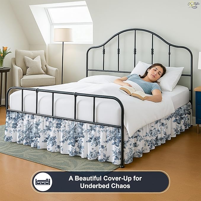Cottington Lane Ruffled Bed Skirt Twin Size with Split Corner, Brushed Microfiber Hotel Quality Dust Ruffle, 12 Inch Drop Gathered Bedskirt, Soft, Stylish, Shrink & Fade Resistant, Blue Floral Bliss