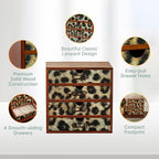 Classic Leopard Print Wooden Desk Organizer - 4-Drawer Desktop Storage - Rustic Wood Cabinet for Office Supplies, Craft Tools, & Home Organization - Luxurious Drawer Unit